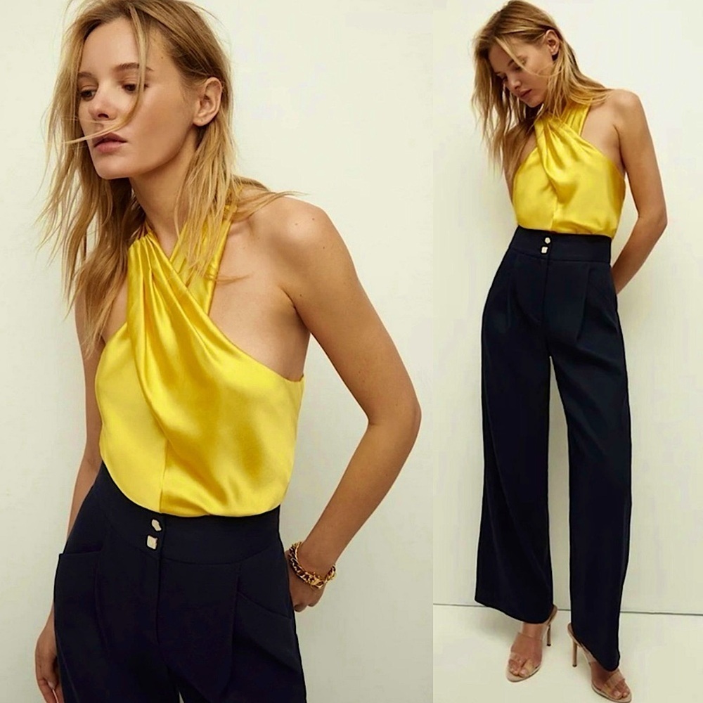 VERONICA BEARD Silk Satin Braided Back Strap Pleated Crossover Halter Neck Top 4